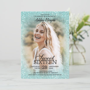 Aqua Blue Glitter Photo Template Sweet 16 Party Kaart