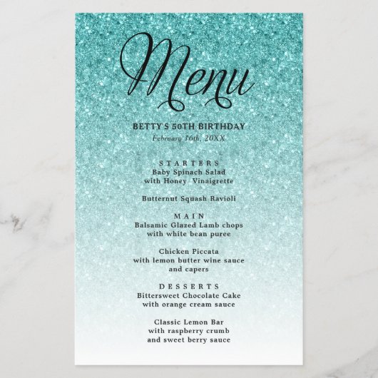 Aqua Blue Glitter Script Kop Party Menu (Voorkant)
