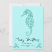 Aqua Blue Glitter Seahorse Kustkerst Foto Feestdagenkaart (Voorkant)