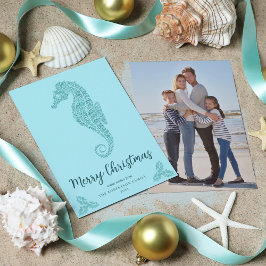 Aqua Blue Glitter Seahorse Kustkerst Foto Feestdagenkaart