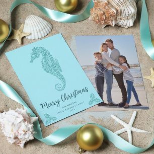 Aqua Blue Glitter Seahorse Kustkerst Foto Feestdagenkaart