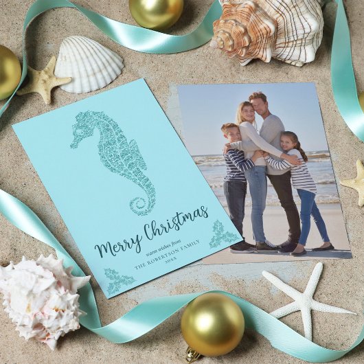 Aqua Blue Glitter Seahorse Kustkerst Foto Feestdagenkaart