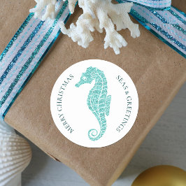Aqua Blue Glitter Seahorse Kustkerst Ronde Sticker