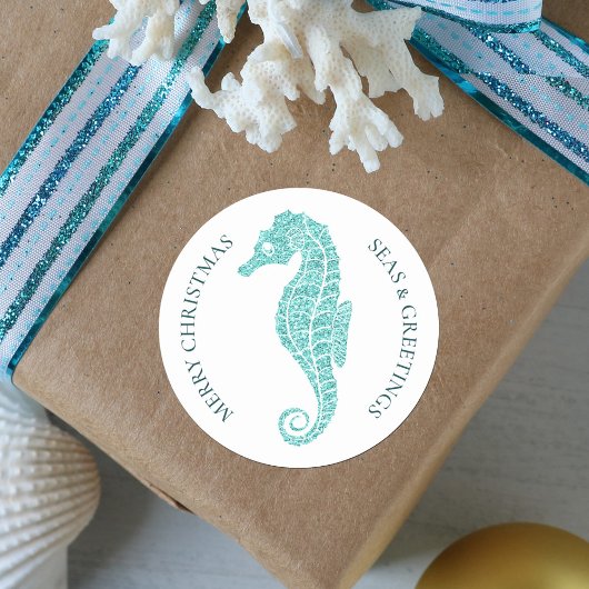 Aqua Blue Glitter Seahorse Kustkerst Ronde Sticker