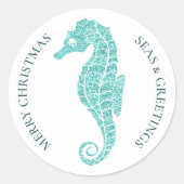 Aqua Blue Glitter Seahorse Kustkerst Ronde Sticker (Voorkant)