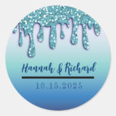 Aqua Blue Glitter Sparkle Drip Trouwcadeau Ronde Sticker (Voorkant)