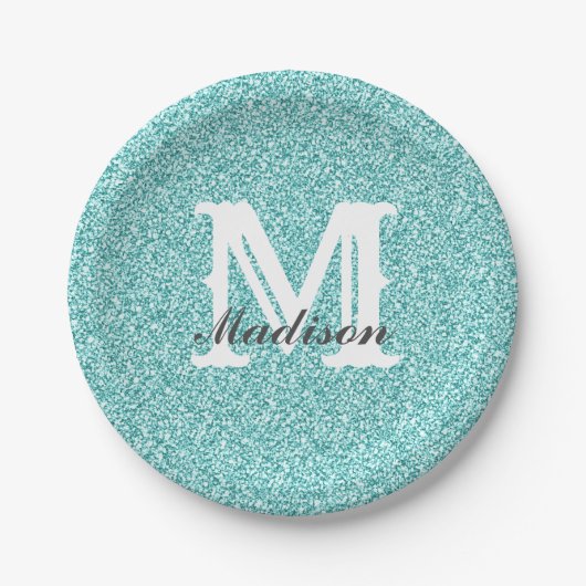 Aqua Blue Glitter & Sparkle Monogram Paper Bord (Voorkant)