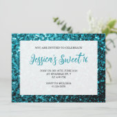 Aqua blue glitter sparkles Sweet 16 elegant script Kaart (Staand voorkant)