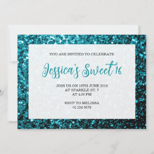Aqua blue glitter sparkles Sweet 16 elegant script Kaart