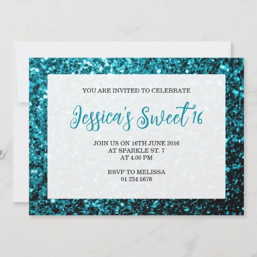 Aqua blue glitter sparkles Sweet 16 elegant script Kaart (Voorkant)
