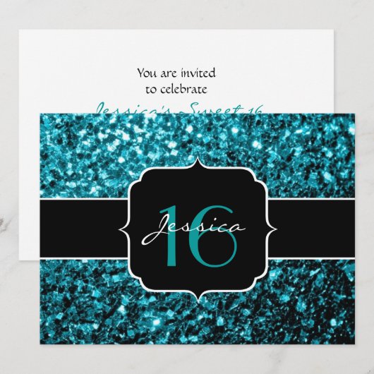 Aqua blue glitter sparkles Sweet 16 Uitnodiging (Voorkant / Achterkant)