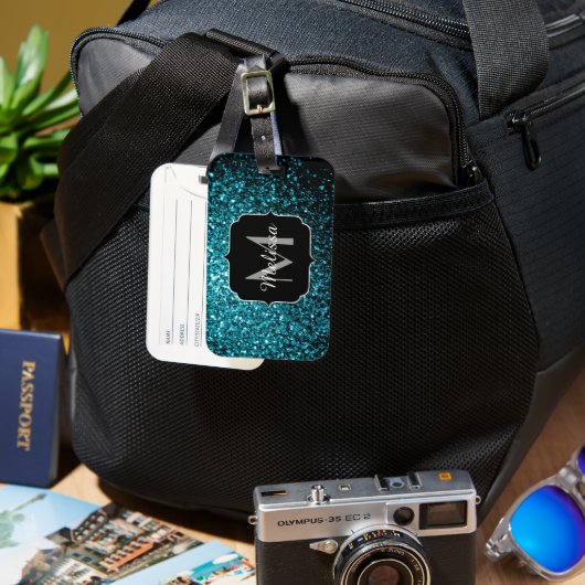 Aqua blue glitter sparters monogram bagagelabel (Voorkant & Achterkant)