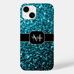 Aqua blue glitter sparters monogram Case-Mate iPhone case
