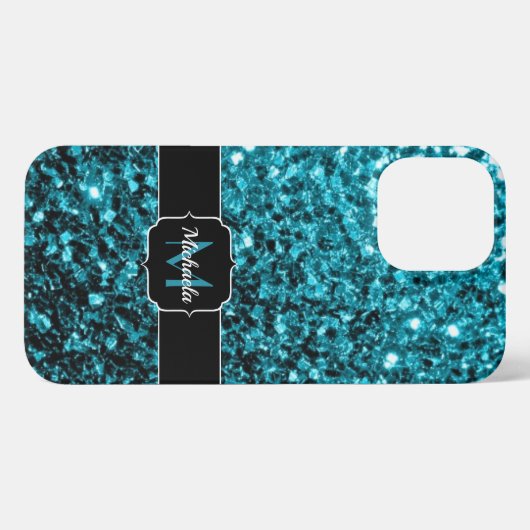 Aqua blue glitter sparters monogram iPhone hoesje (Achterkant horizontaal)