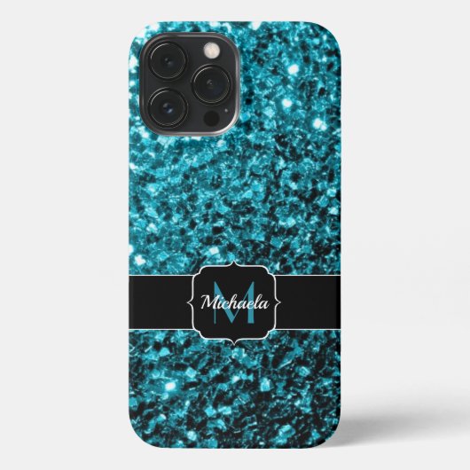Aqua blue glitter sparters monogram iPhone hoesje (Achterkant)