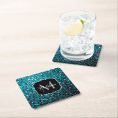Aqua blue glitter sparters monogram kartonnen onderzetters (Insitu)