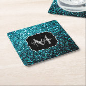 Aqua blue glitter sparters monogram kartonnen onderzetters (Schuin)