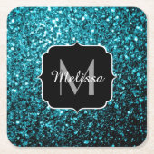 Aqua blue glitter sparters monogram kartonnen onderzetters (Voorkant)