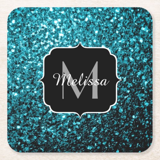 Aqua blue glitter sparters monogram kartonnen onderzetters (Voorkant)