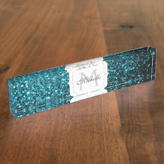 Aqua blue glitter sparters monogram naambordje (Zijkant)