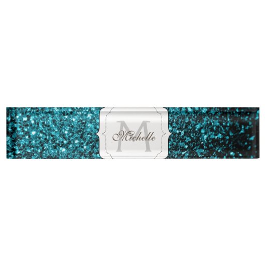 Aqua blue glitter sparters monogram naambordje (Voorkant)