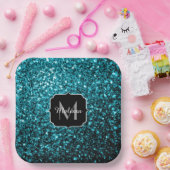 Aqua blue glitter sparters monogram papieren bordje (Feest)