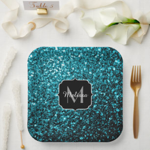 Aqua blue glitter sparters monogram papieren bordje