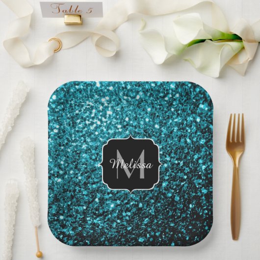 Aqua blue glitter sparters monogram papieren bordje (Huwelijk)