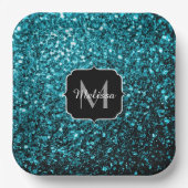 Aqua blue glitter sparters monogram papieren bordje (Voorkant)