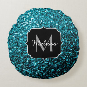 Aqua blue glitter sparters monogram rond kussen