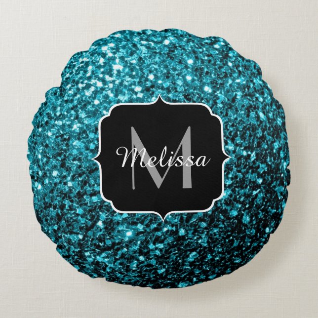 Aqua blue glitter sparters monogram rond kussen (Voorkant)