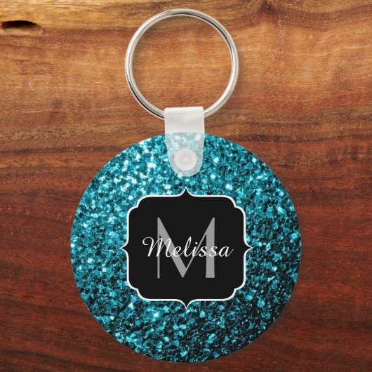 Aqua blue glitter sparters monogram sleutelhanger (Achterkant)