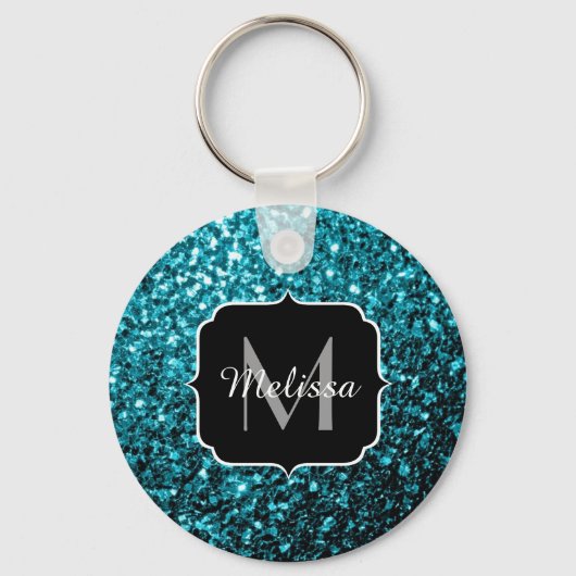 Aqua blue glitter sparters monogram sleutelhanger (Achterkant)