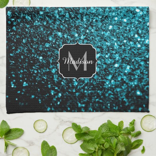 Aqua blue glitter sparters monogram theedoek (Gevouwen)