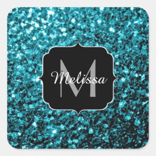 Aqua blue glitter sparters monogram vierkante sticker