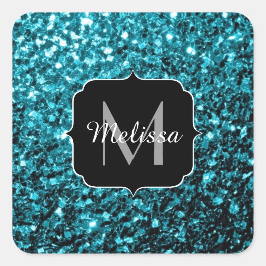 Aqua blue glitter sparters monogram vierkante sticker (Voorkant)