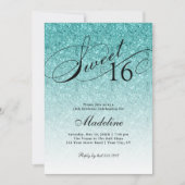 Aqua Blue Glitter Sweet 16 Fancy scriptuitnodiging Kaart (Voorkant)