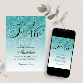 Aqua Blue Glitter Sweet 16 Fancy scriptuitnodiging Kaart