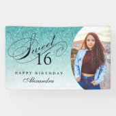 Aqua Blue Glitter Sweet 16 gepersonaliseerde foto Spandoek (Horizontaal)