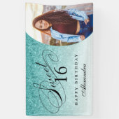 Aqua Blue Glitter Sweet 16 gepersonaliseerde foto Spandoek (Verticaal)