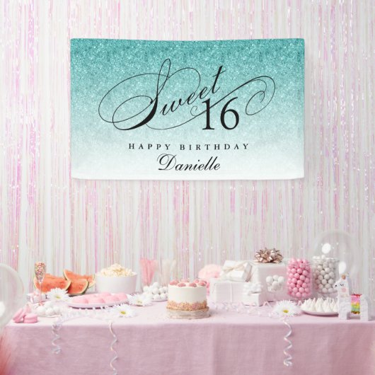 Aqua Blue Glitter Sweet 16 Gepersonaliseerde Verja Spandoek (Feest)