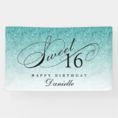 Aqua Blue Glitter Sweet 16 Gepersonaliseerde Verja Spandoek (Horizontaal)