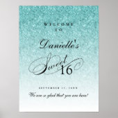 Aqua Blue Glitter Sweet 16 persoonlijk welkom Poster (Voorkant)