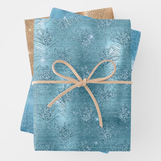 Aqua Blue Glitzy Glitter Peacock Feathers Inpakpapier Vel (In situ)