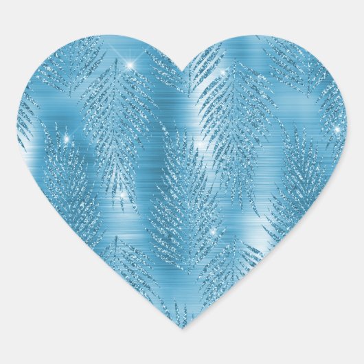 Aqua Blue Glitzy Glitter Tropische bladeren Hart Sticker (Voorkant)