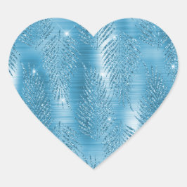 Aqua Blue Glitzy Glitter Tropische bladeren Hart Sticker