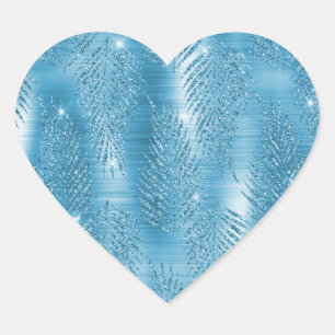 Aqua Blue Glitzy Glitter Tropische bladeren Hart Sticker