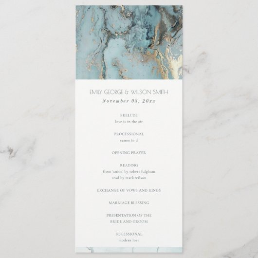 AQUA BLUE GOLD AGATE WEDDING CEREMONY PROGRAMMA (Voorkant)