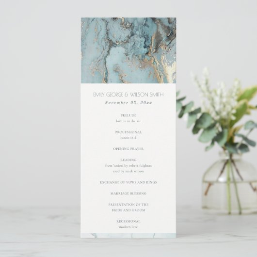 AQUA BLUE GOLD AGATE WEDDING CEREMONY PROGRAMMA (Staand voorkant)