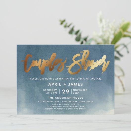 Aqua Blue Gold Brush Typography Couples Shower Kaart (Staand voorkant)